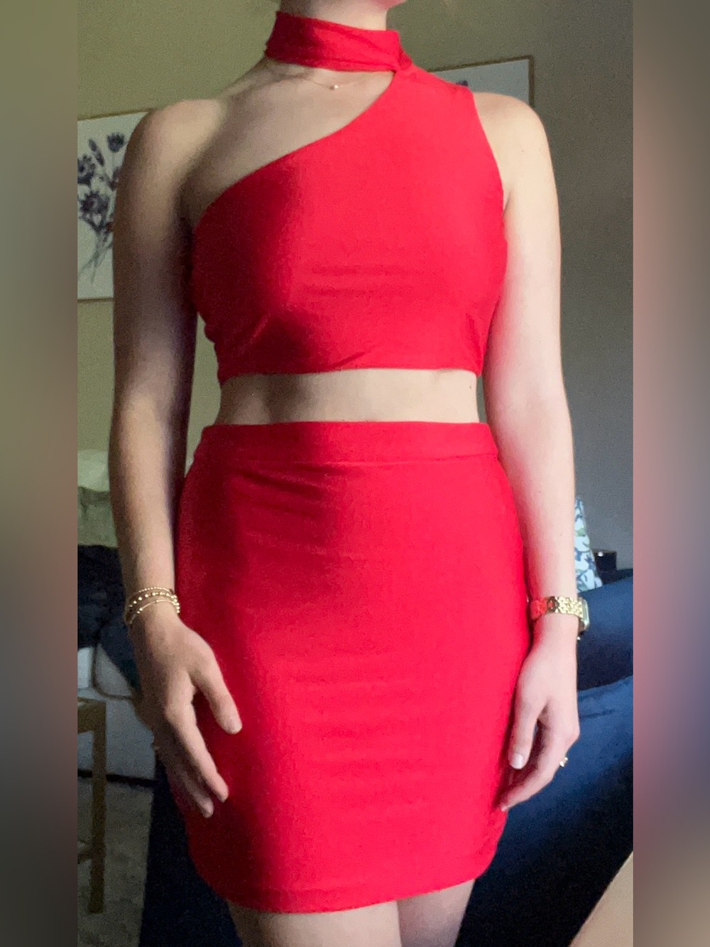 Red One-Shoulder Superdown Skirt and Top Matching Set